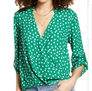 All in Favor Green Floral Wrap Top
